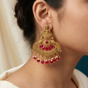 Antique Chandbali Temple Earrings | Peacock & Pearl Pink Stone Statement